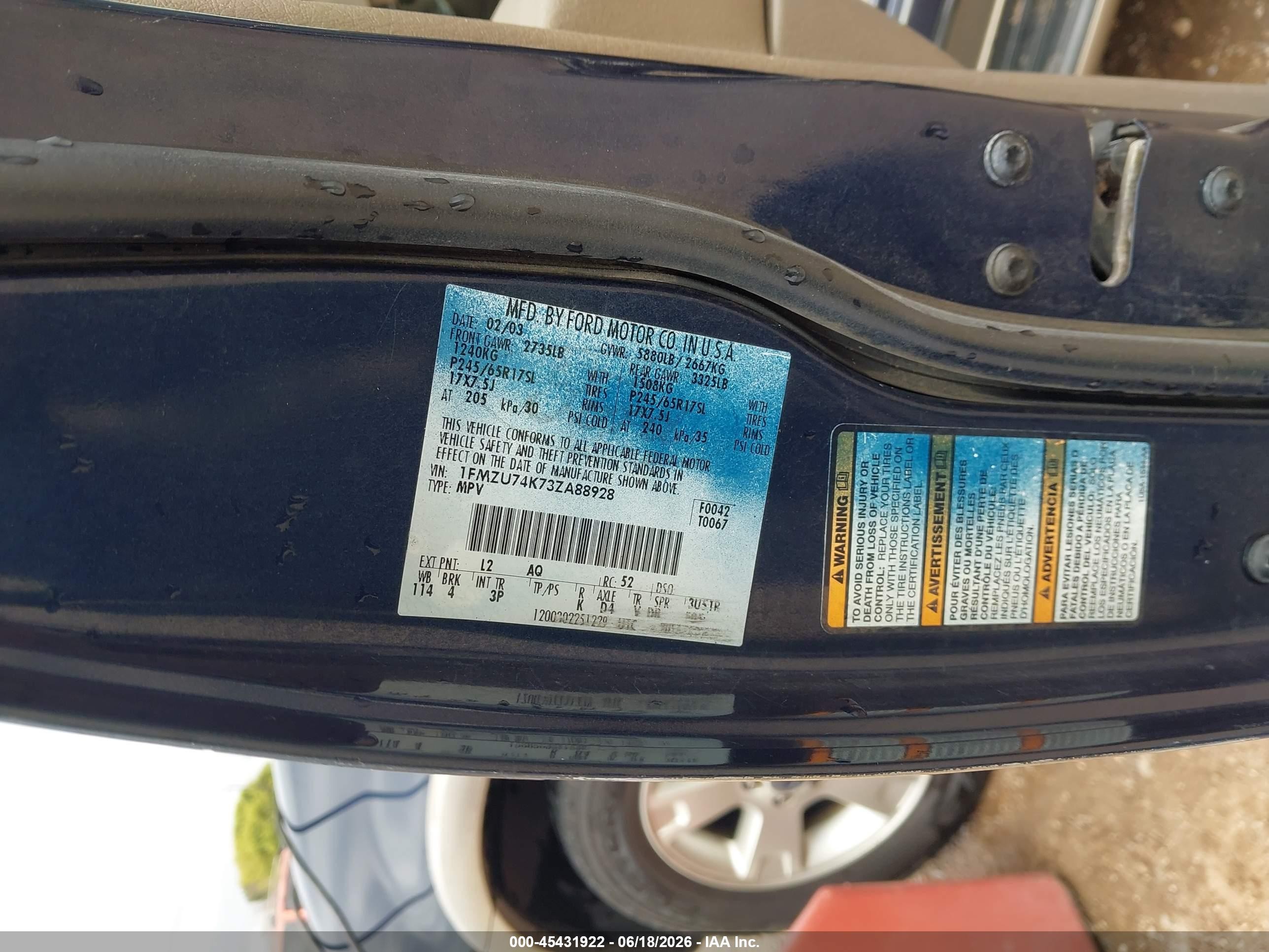 2003 Ford Explorer Eddie Bauer Blue vin: 1FMZU74K73ZA88928