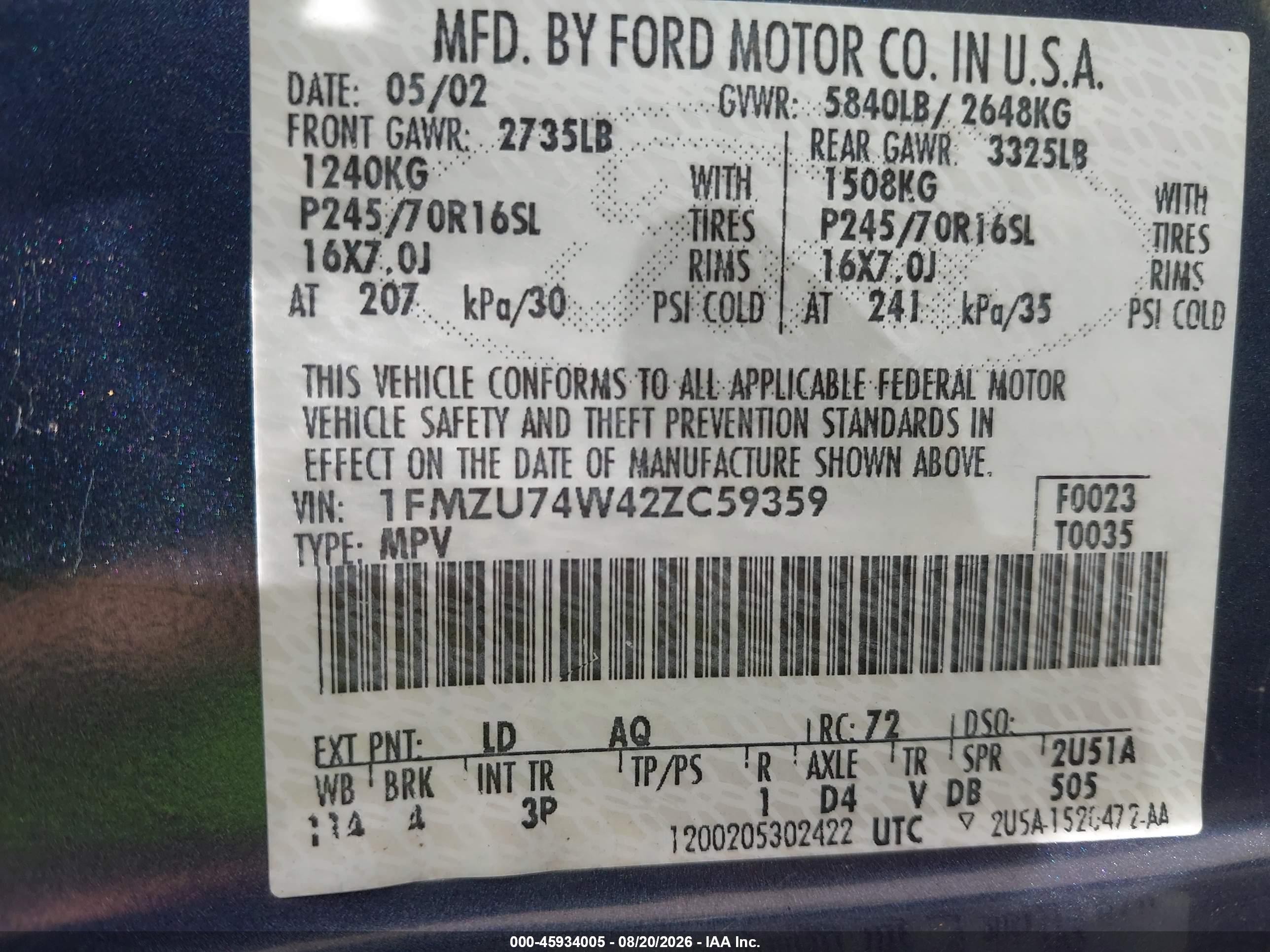 2002 Ford Explorer Eddie Bauer Blue vin: 1FMZU74W42ZC59359