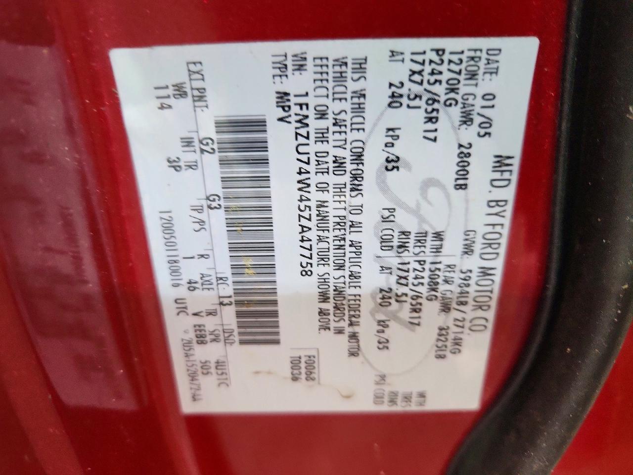 2005 Ford Explorer Eddie Bauer Red vin: 1FMZU74W45ZA47758