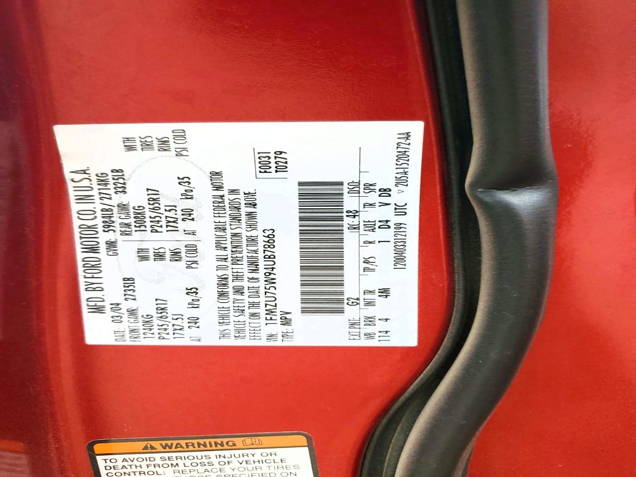 2004 Ford Explorer Limited Red vin: 1FMZU75W94UB78663