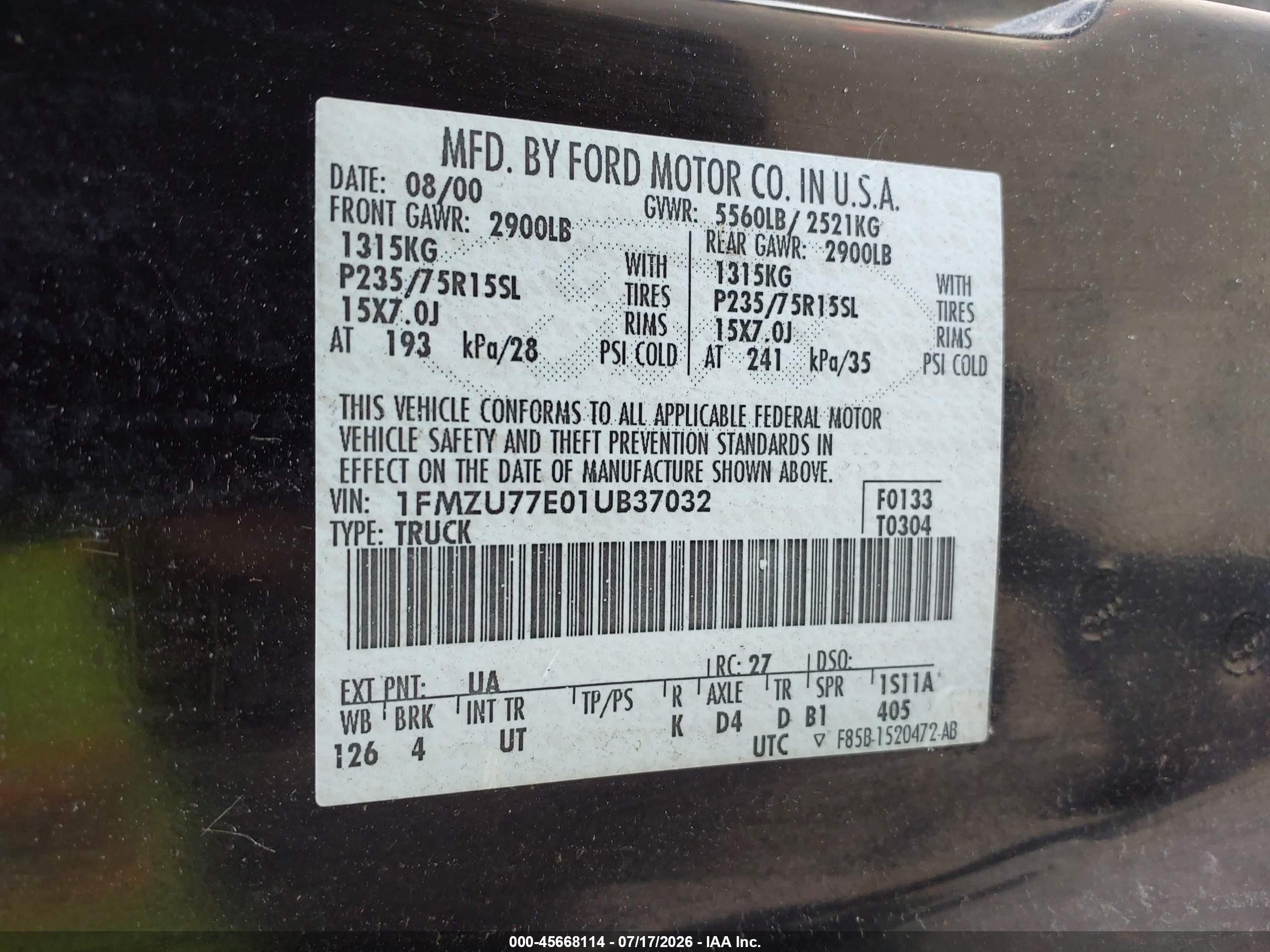 2001 Ford Explorer Sport Trac   Black vin: 1FMZU77E01UB37032