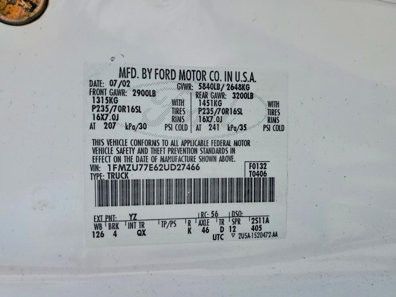 2002 Ford Explore White vin: 1FMZU77E62UD27466