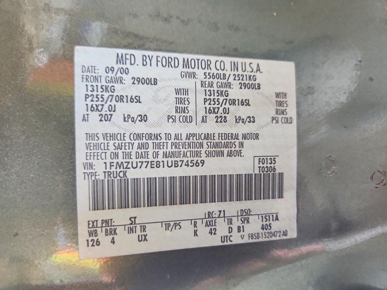 2001 Ford Explorer Sport Trac Green vin: 1FMZU77E81UB74569