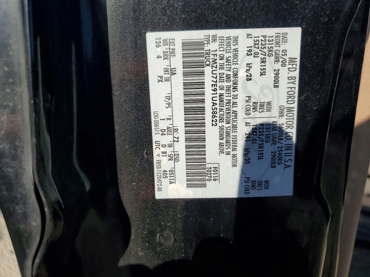 2001 Ford Explorer Sport Trac Black vin: 1FMZU77E91UA58622