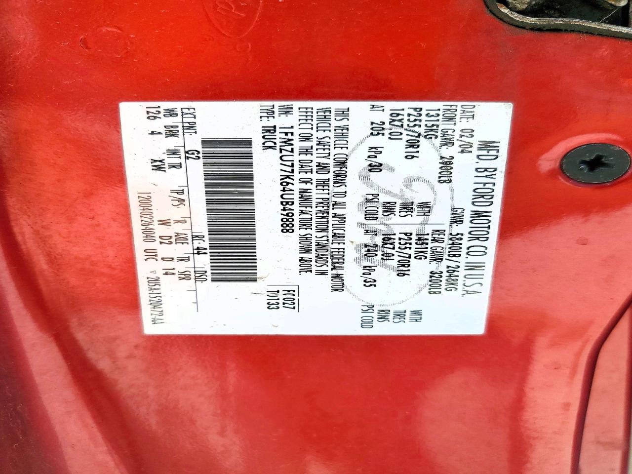 2004 Ford Explorer Sport Trac Red vin: 1FMZU77K64UB49888