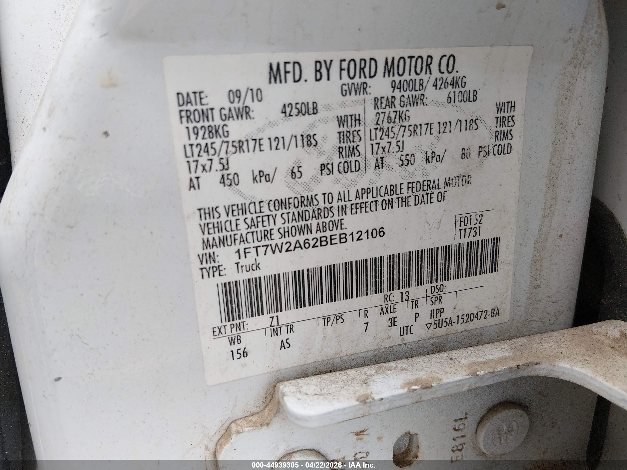 2011 Ford F-250 Xl White vin: 1FT7W2A62BEB12106