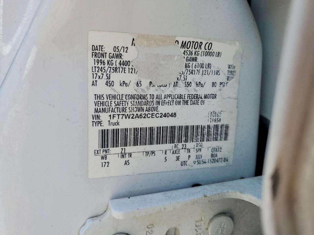 2012 Ford F250 Super Duty Белый vin: 1FT7W2A62CEC24048