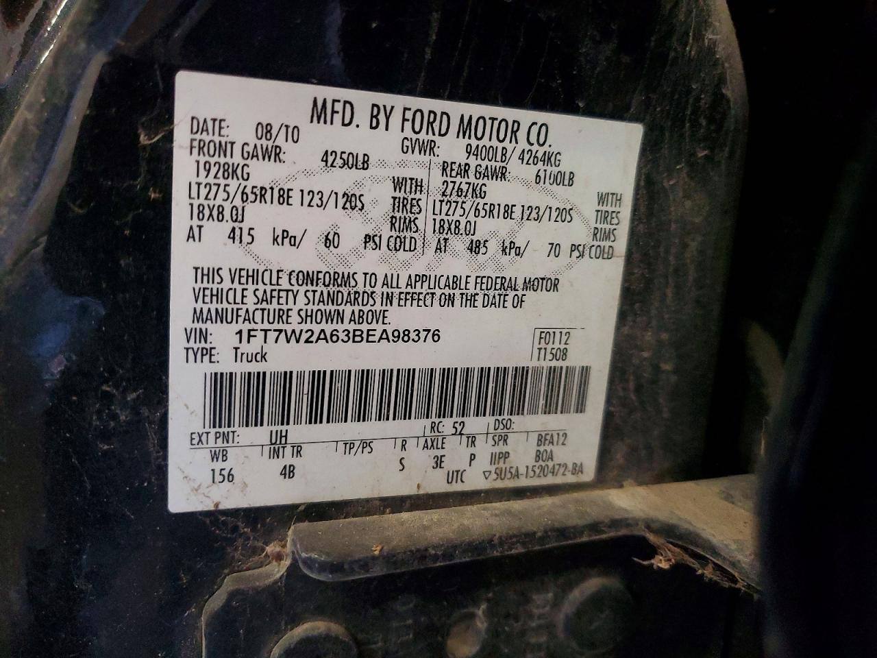 2011 Ford F250 Super Duty Black vin: 1FT7W2A63BEA98376