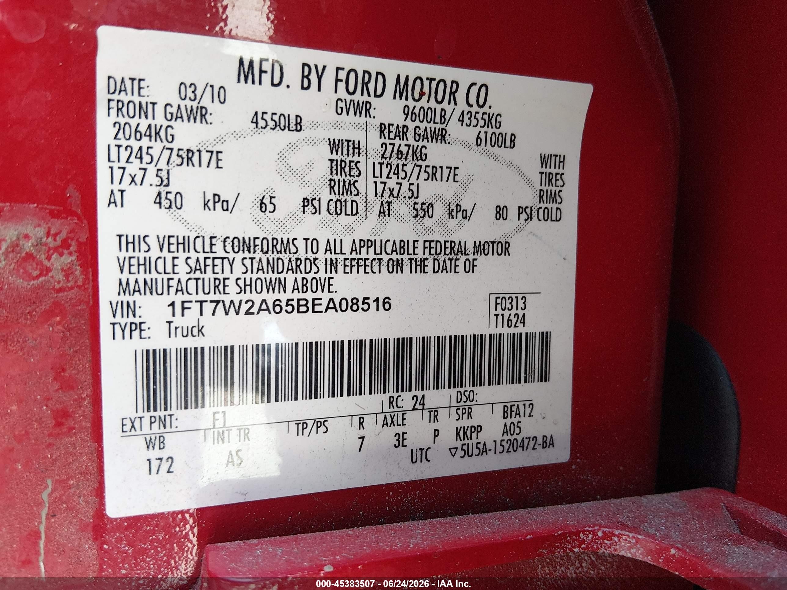 2011 Ford F-250 Xl Red vin: 1FT7W2A65BEA08516
