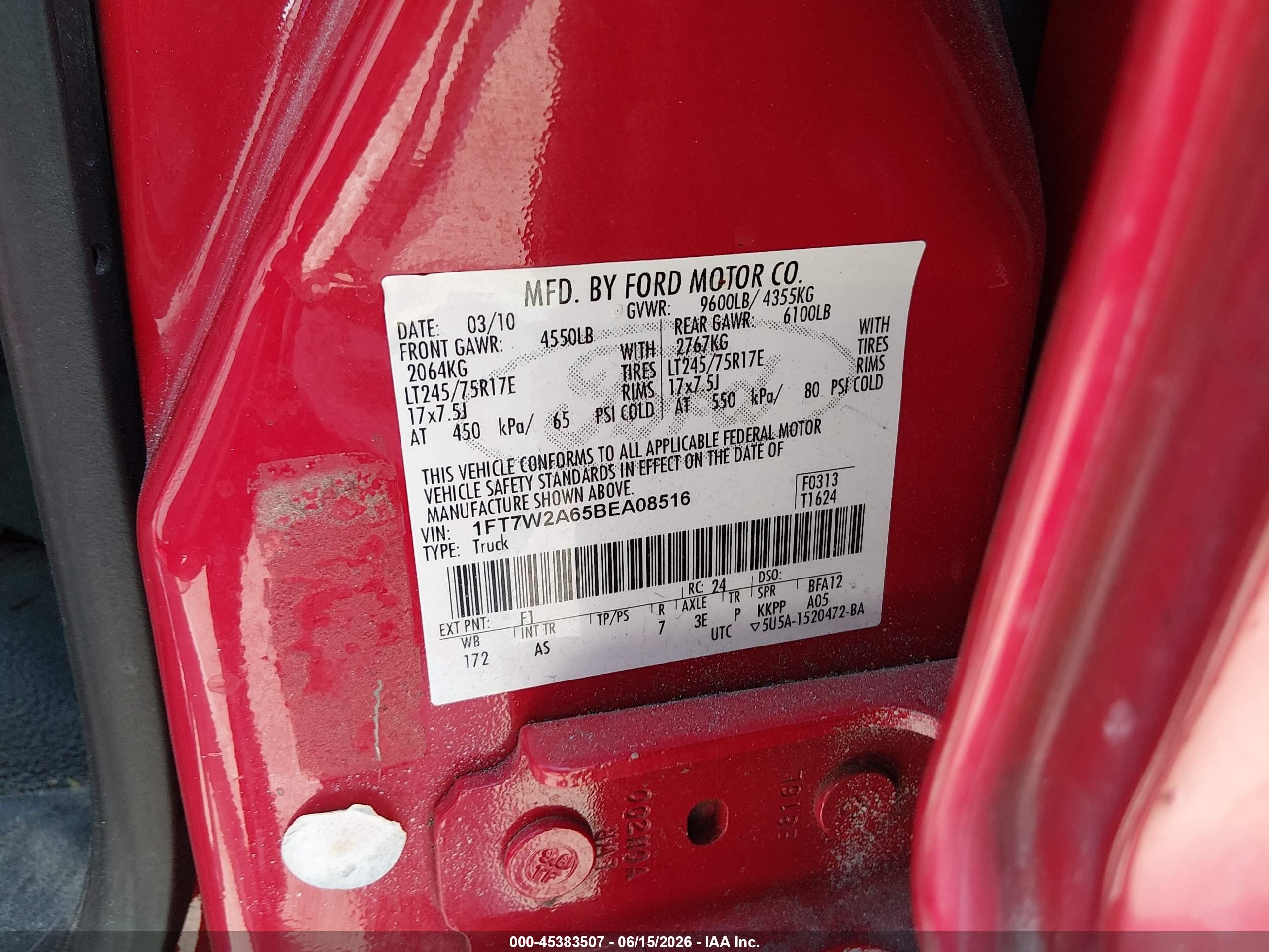 2011 Ford F-250 Xl Red vin: 1FT7W2A65BEA08516