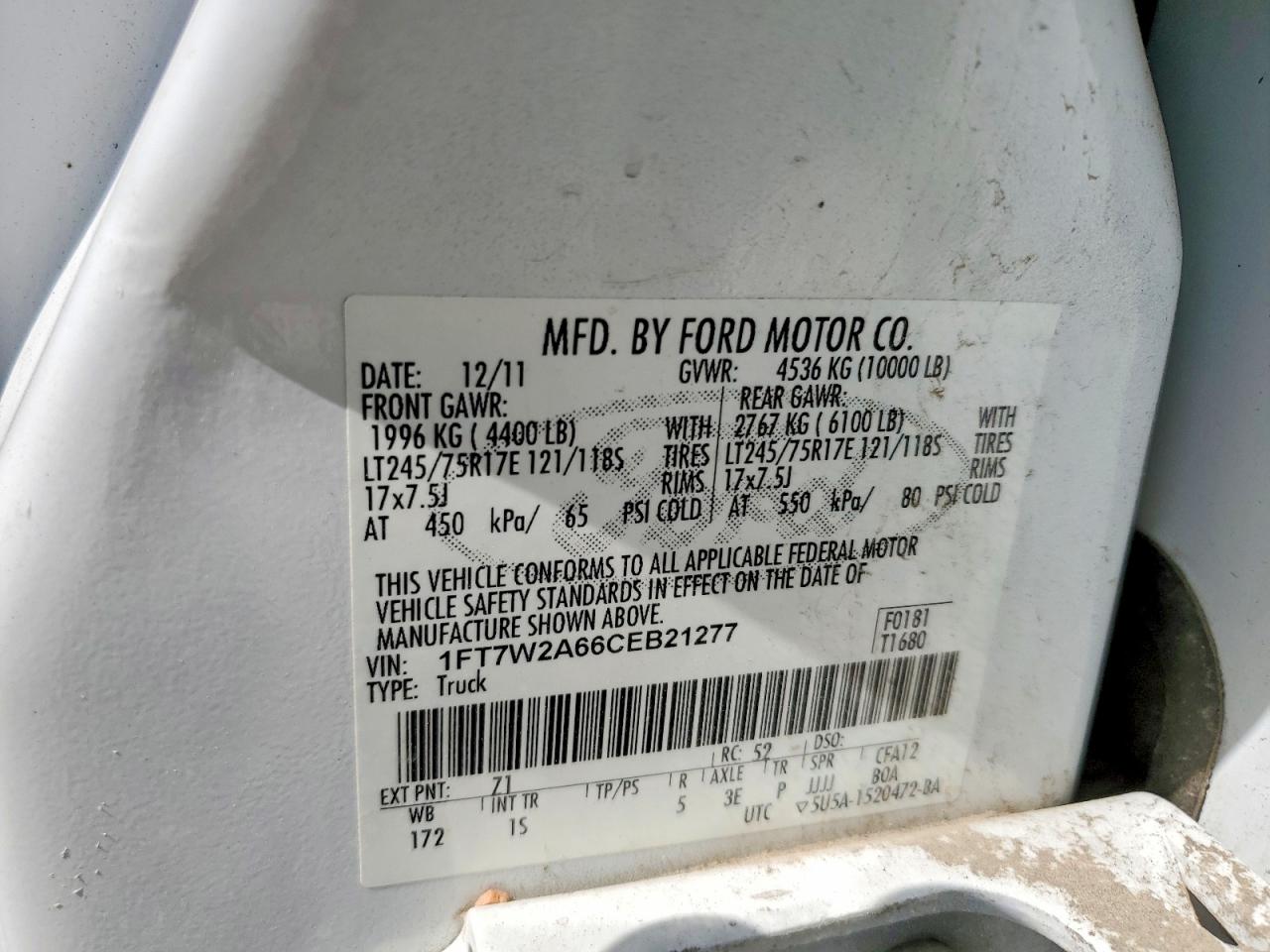 2012 Ford F250 Super Duty Белый vin: 1FT7W2A66CEB21277