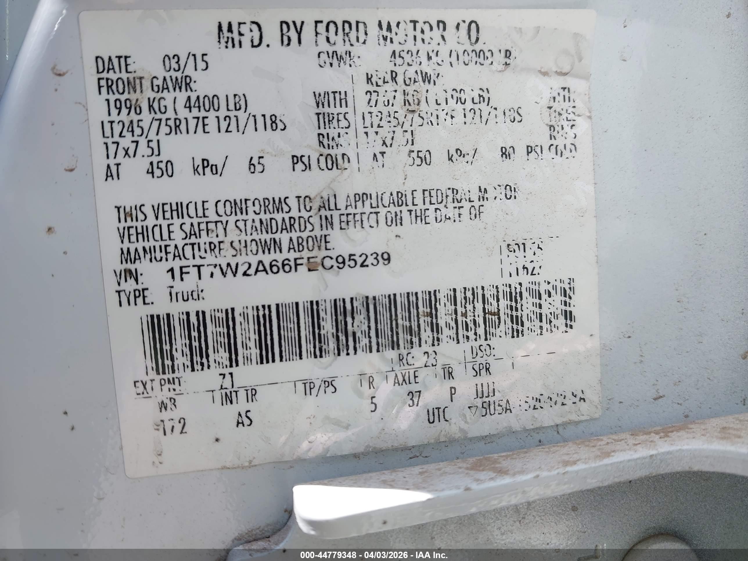 2015 Ford F-250 Xl White vin: 1FT7W2A66FEC95239