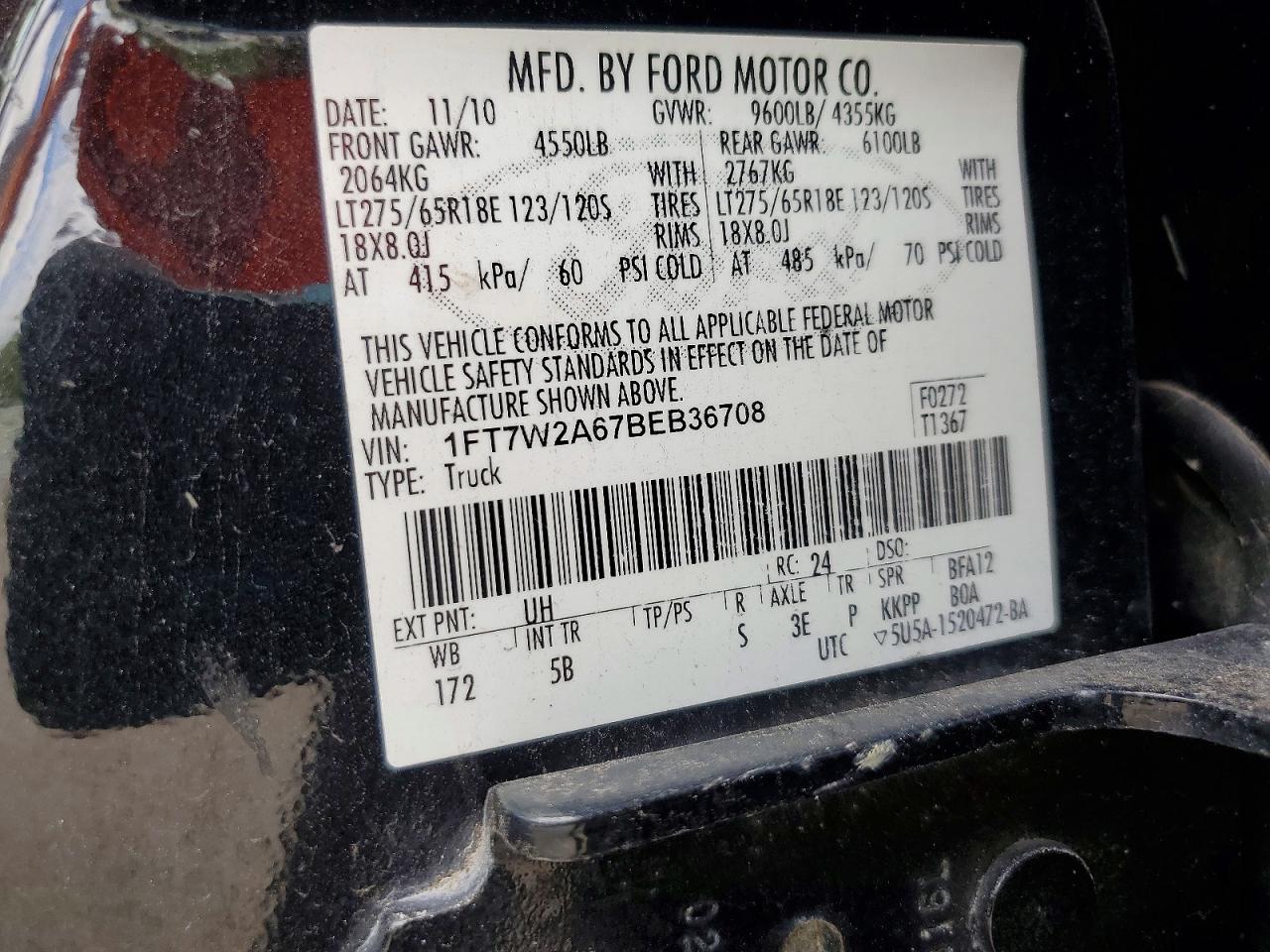 2011 Ford F250 Super Duty Black vin: 1FT7W2A67BEB36708