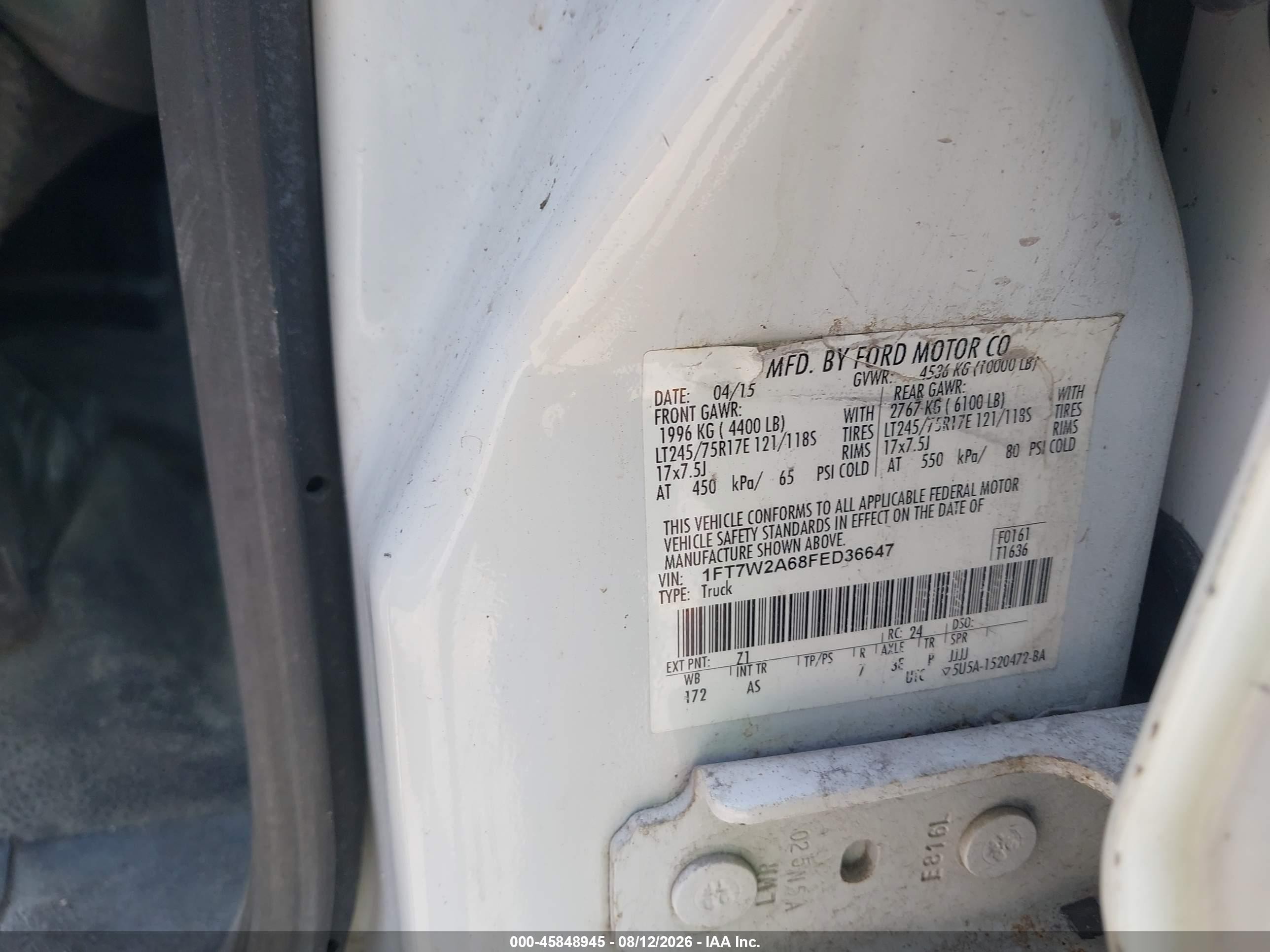 2015 Ford F-250 Xl White vin: 1FT7W2A68FED36647