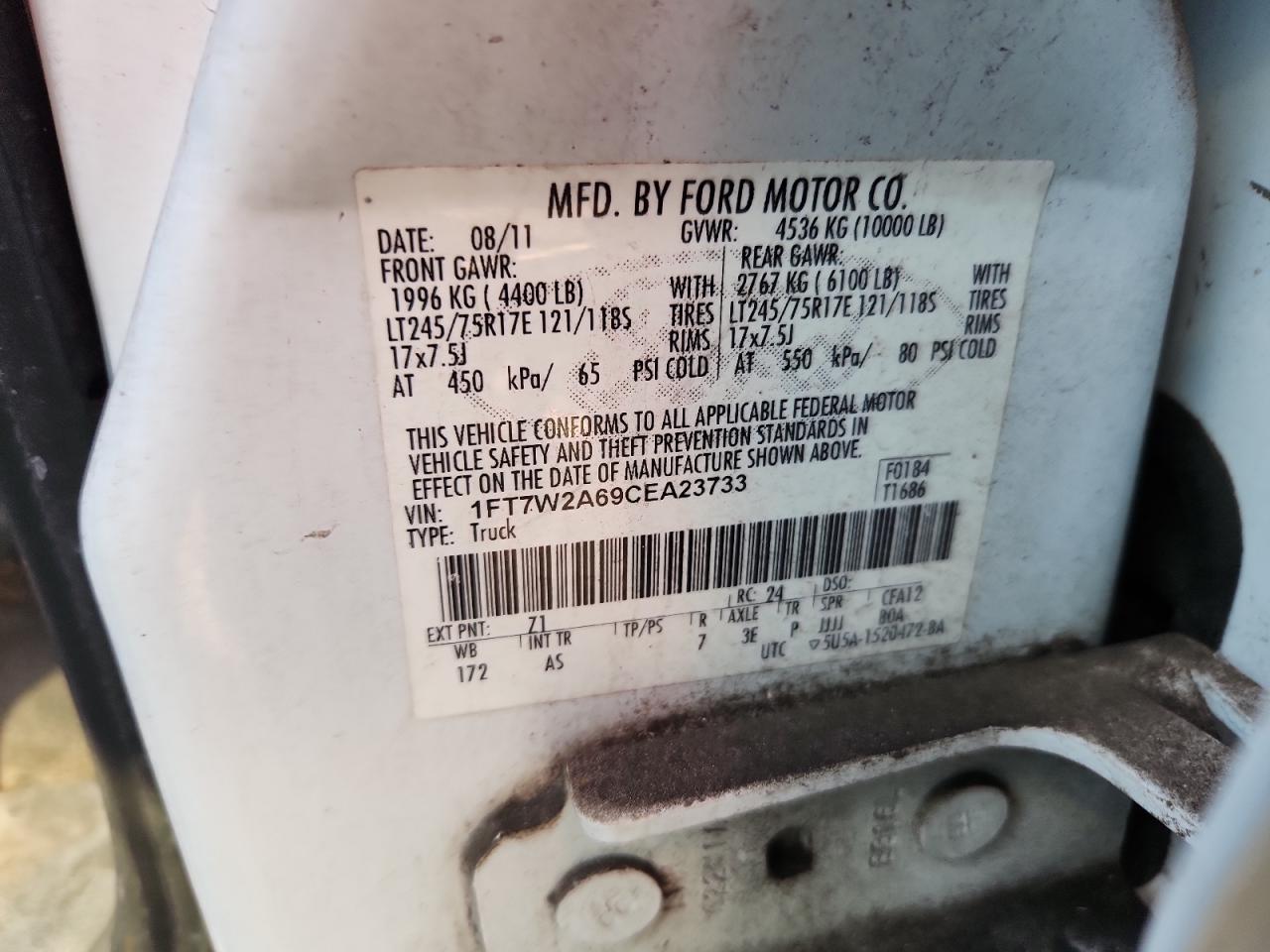 2012 Ford F250 Super Duty White vin: 1FT7W2A69CEA23733