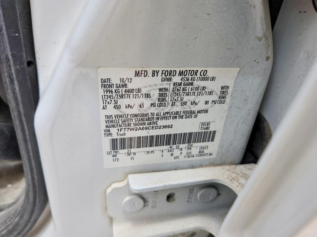 2012 Ford F250 Super Duty White vin: 1FT7W2A69CED23692