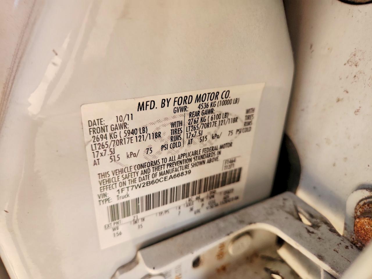 2012 Ford F250 Super Duty White vin: 1FT7W2B60CEA66839