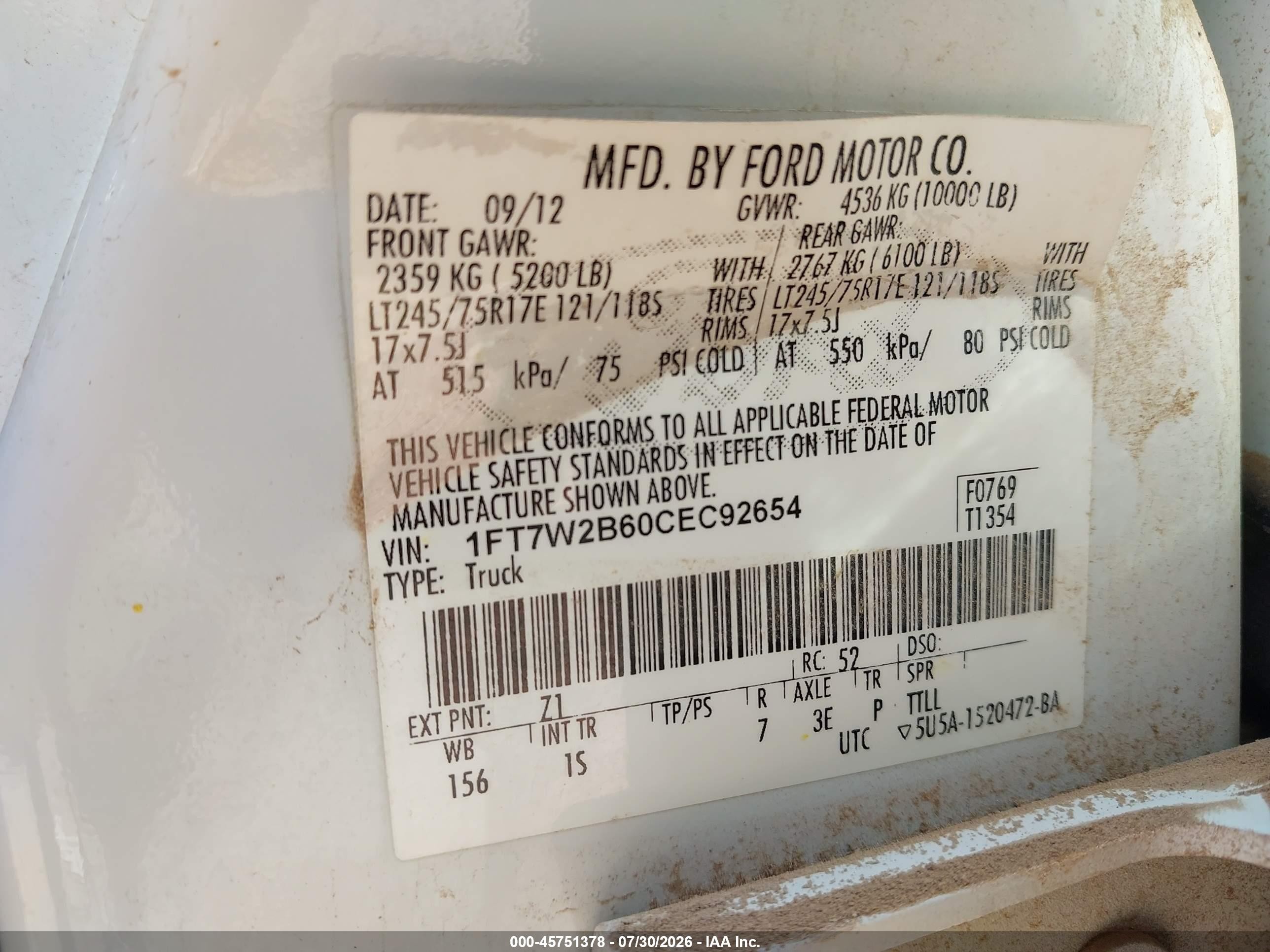 2012 Ford F-250 Xl White vin: 1FT7W2B60CEC92654