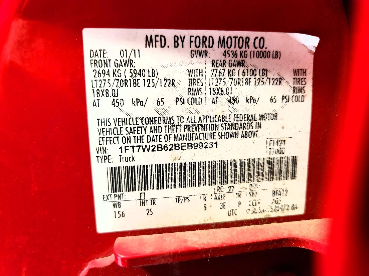 2011 Ford F250 Super Duty Red vin: 1FT7W2B62BEB99231