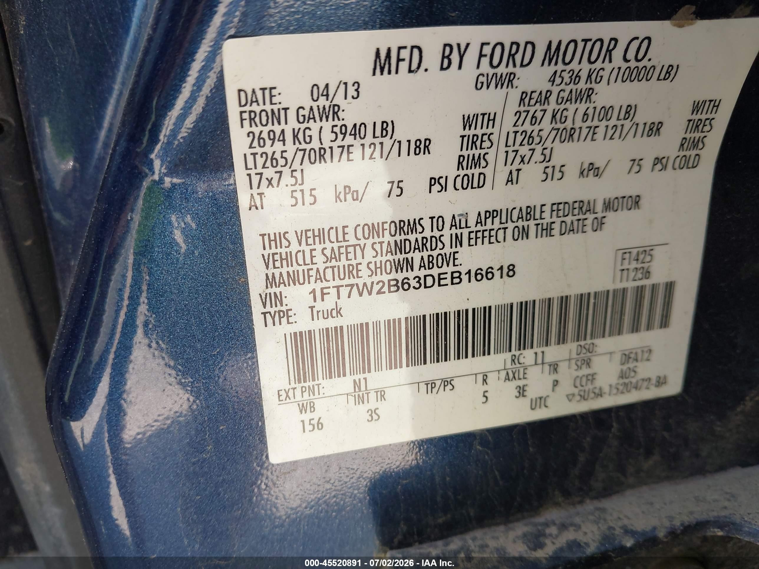2013 Ford Super Duty F-250 Srw King Ranch/lariat/platinum/xl/xlt Blue vin: 1FT7W2B63DEB16618