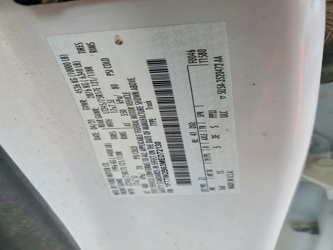 2021 Ford F250 Super Duty White vin: 1FT7W2B63MED72130