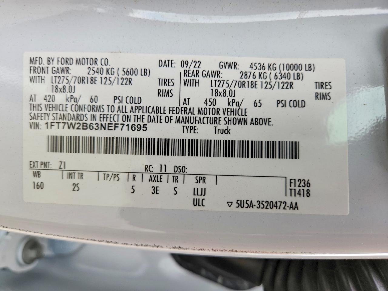 2022 Ford F250 Super Duty White vin: 1FT7W2B63NEF71695
