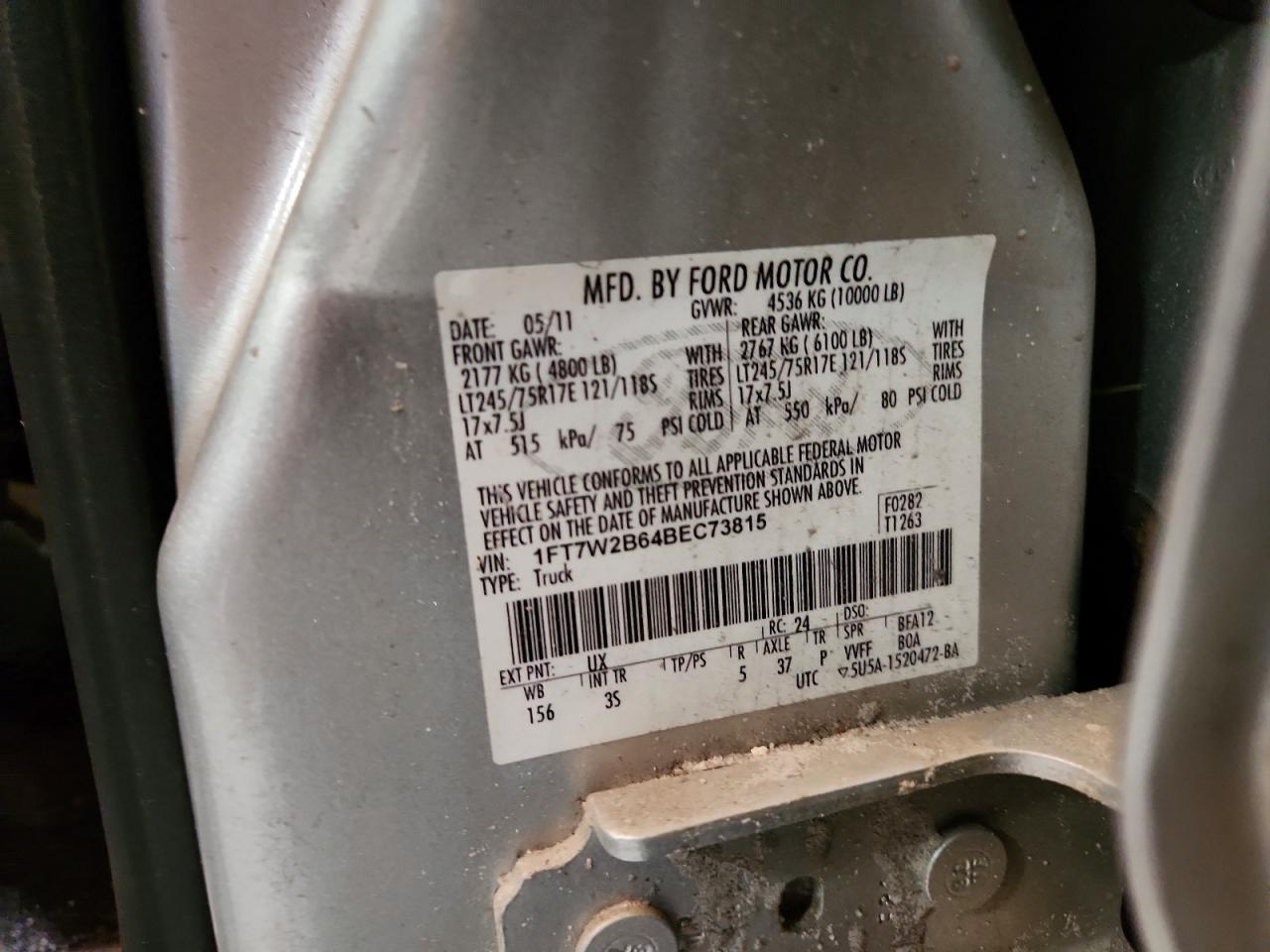 2011 Ford F250 Super Duty Silver vin: 1FT7W2B64BEC73815