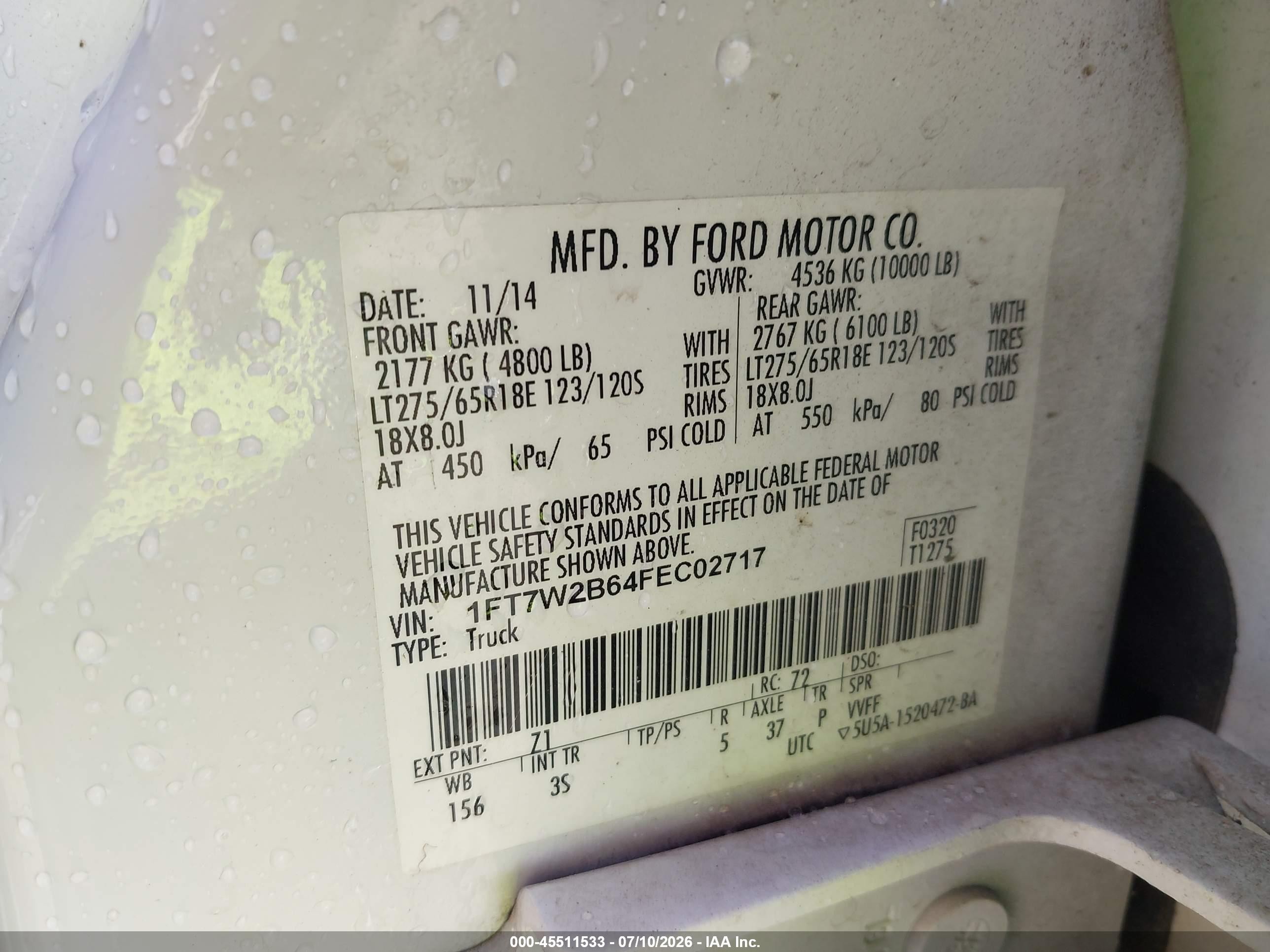 2015 Ford F-250 Lariat/xl/xlt White vin: 1FT7W2B64FEC02717
