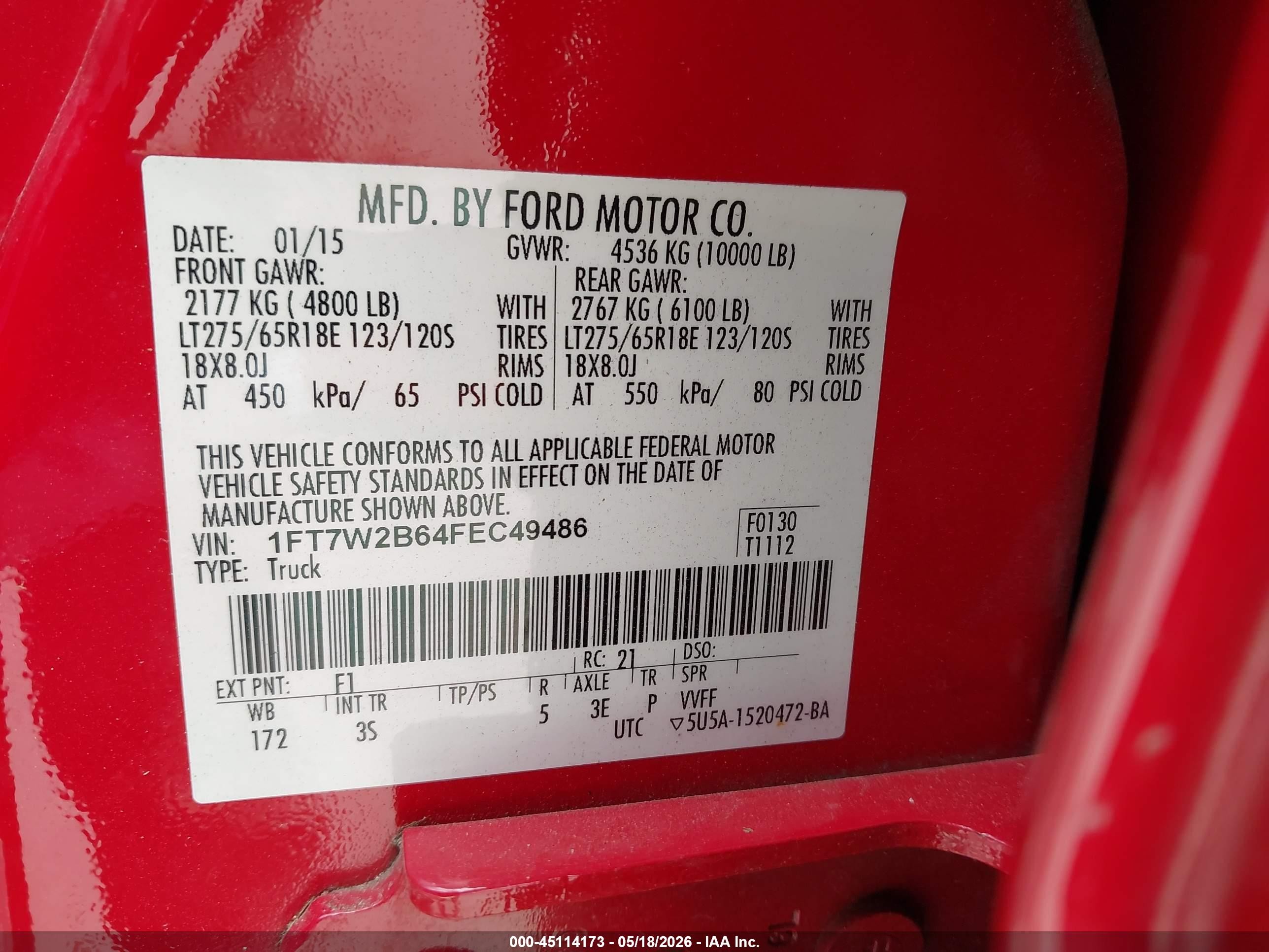 2015 Ford F-250 Xlt Red vin: 1FT7W2B64FEC49486