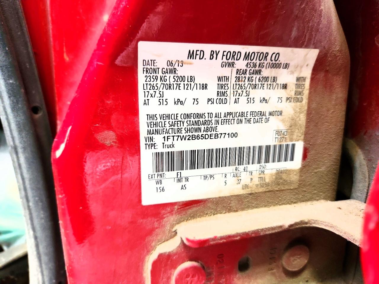 2013 Ford F250 Super Duty Red vin: 1FT7W2B65DEB77100