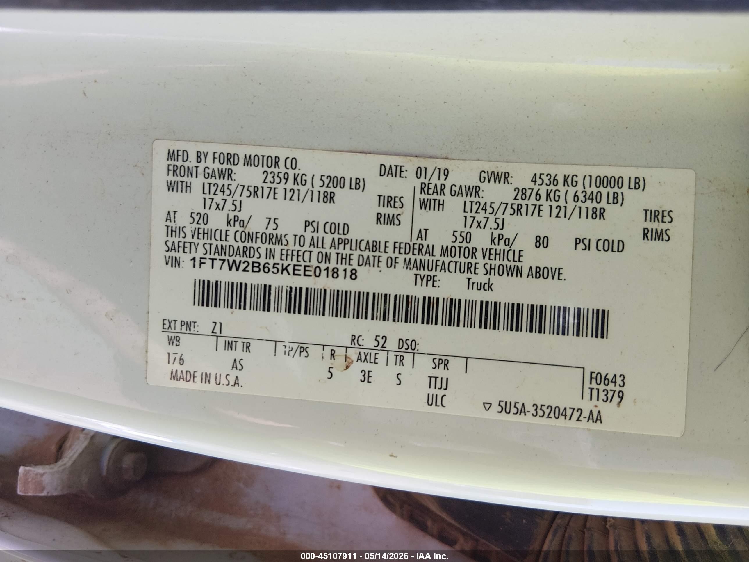 2019 Ford F-250 Xl White vin: 1FT7W2B65KEE01818