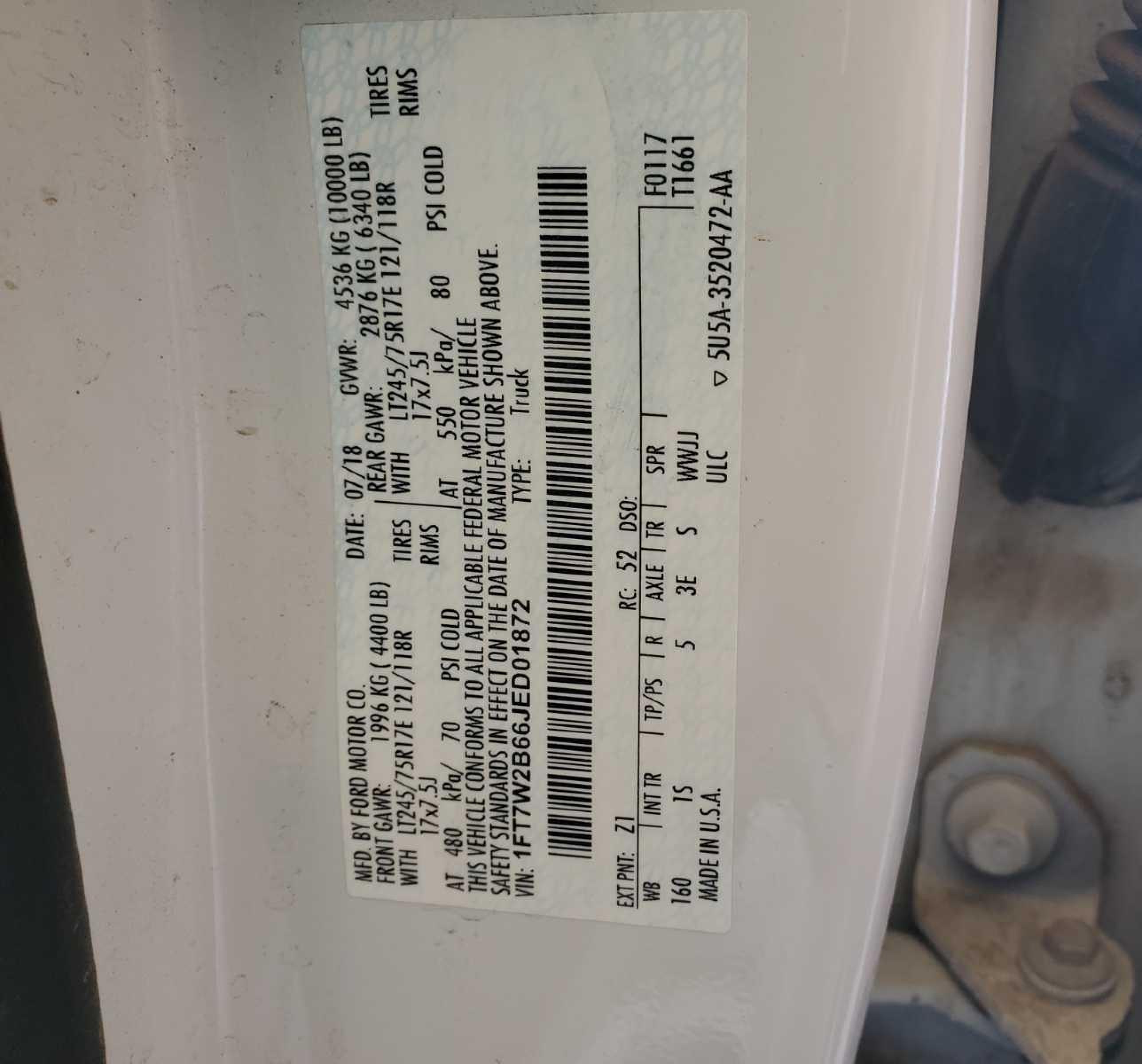 2018 Ford F-250 Xl vin: 1FT7W2B66JED01872