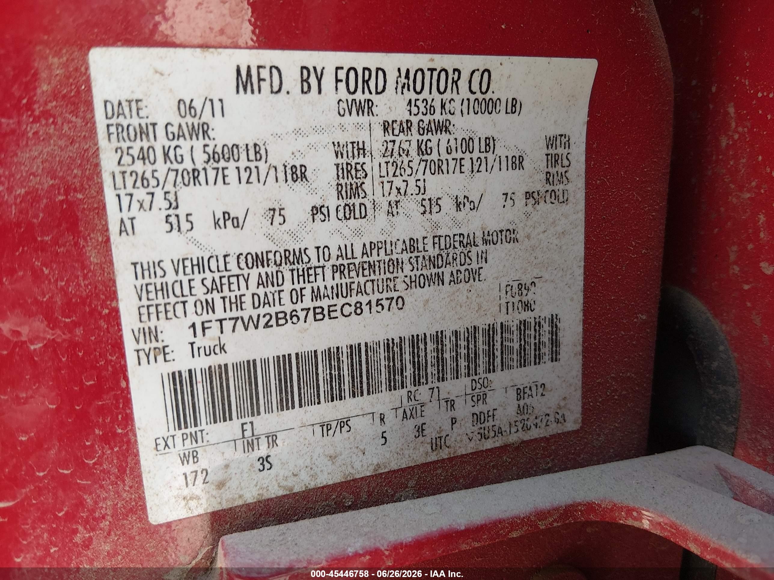 2011 Ford Super Duty F-250 Srw King Ranch/lariat/xl/xlt Red vin: 1FT7W2B67BEC81570