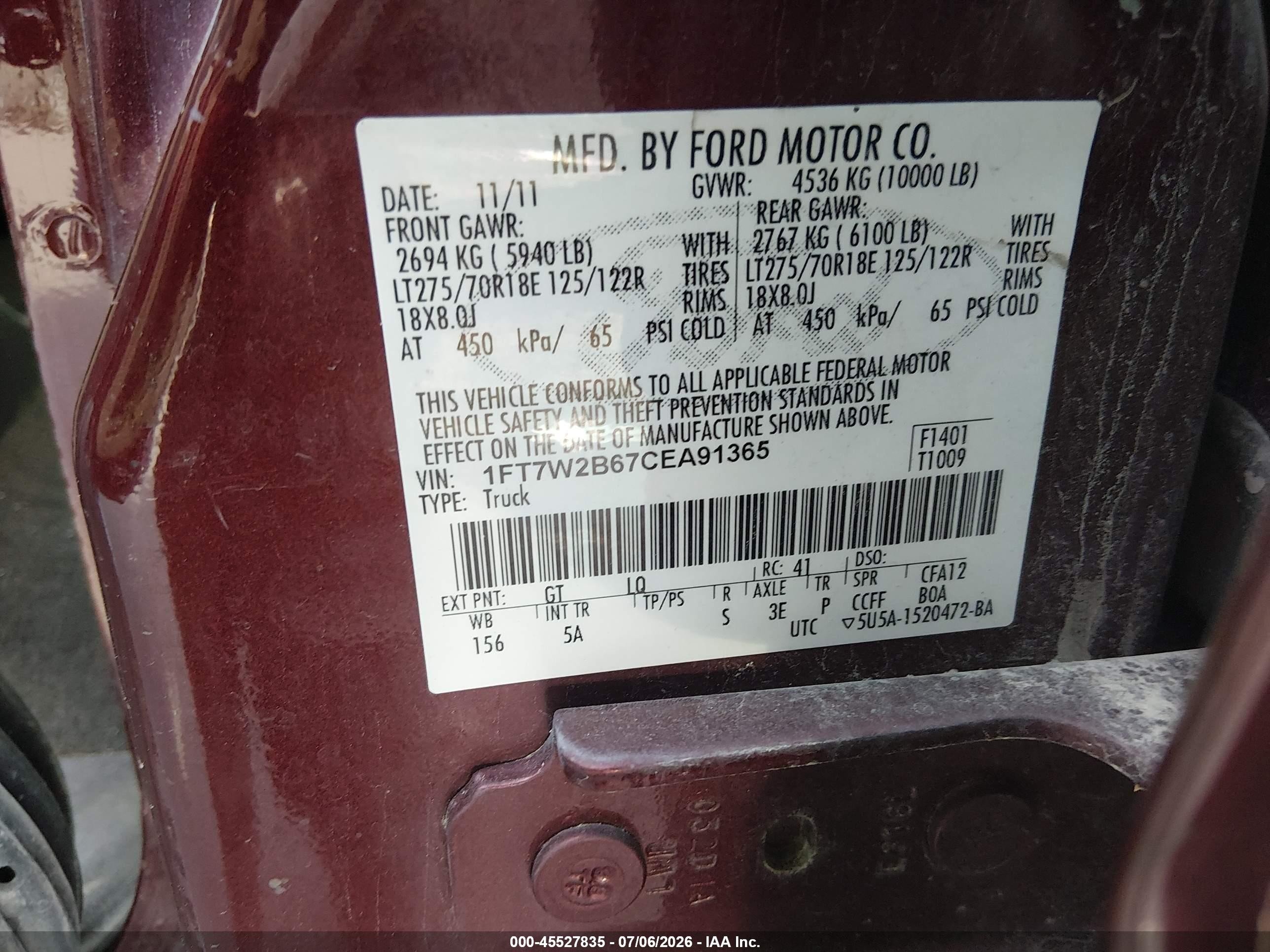 2012 Ford Super Duty F-250 Srw King Ranch/lariat/xl/xlt Burgundy vin: 1FT7W2B67CEA91365