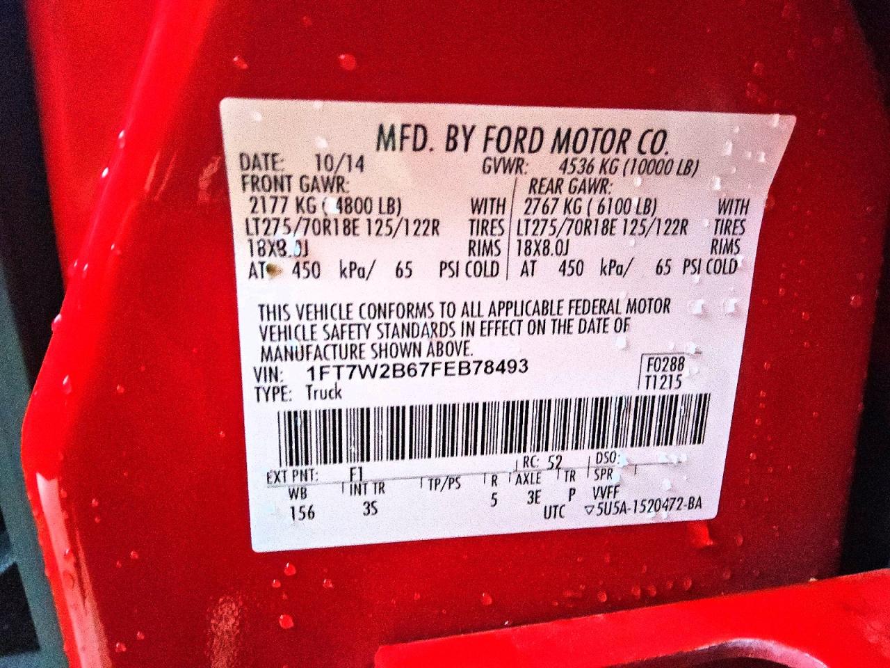 2015 Ford F250 Super Duty Red vin: 1FT7W2B67FEB78493