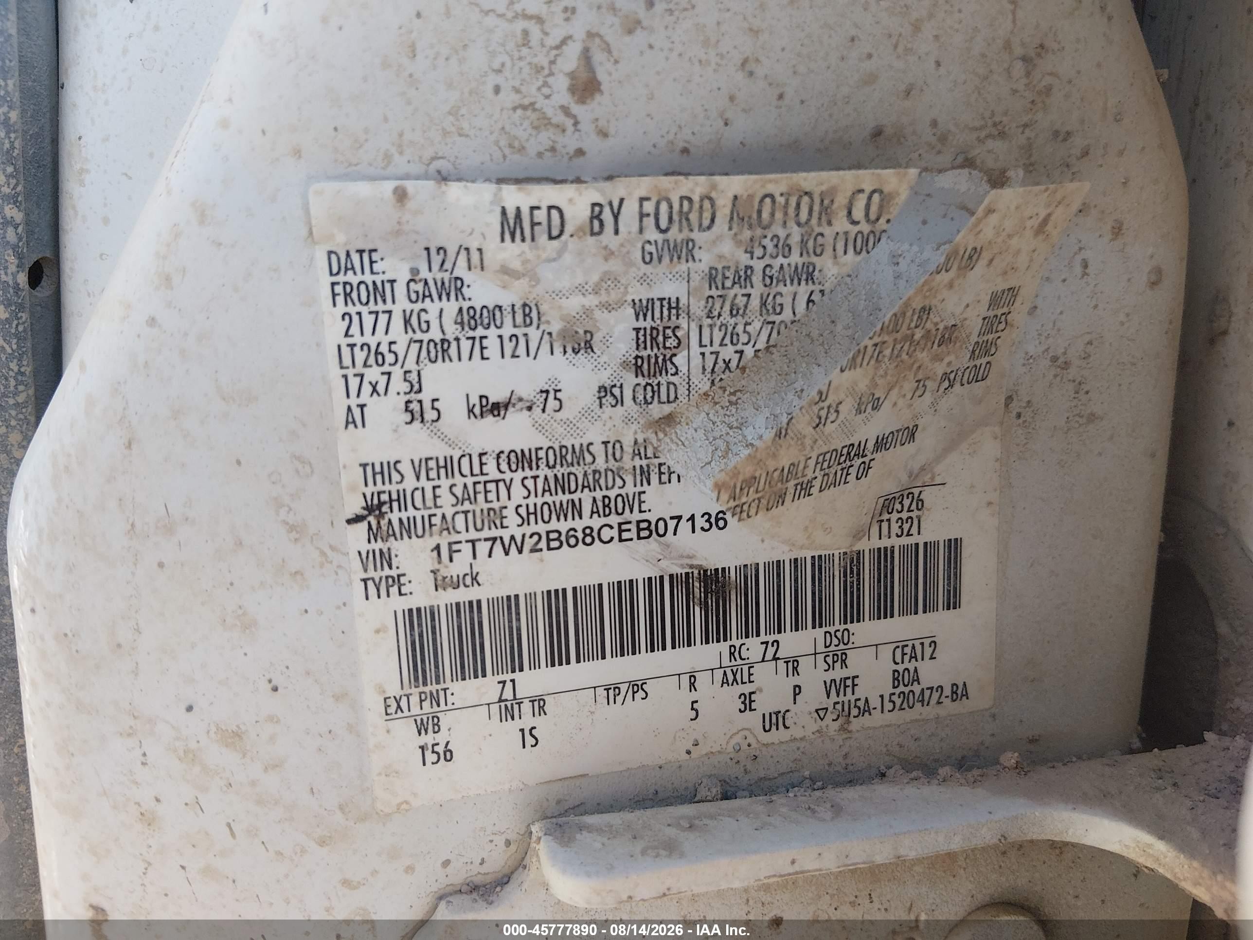 2012 Ford F-250 Xl White vin: 1FT7W2B68CEB07136