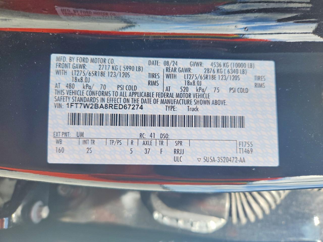 2024 Ford F250 Super Duty Black vin: 1FT7W2BA8RED67274