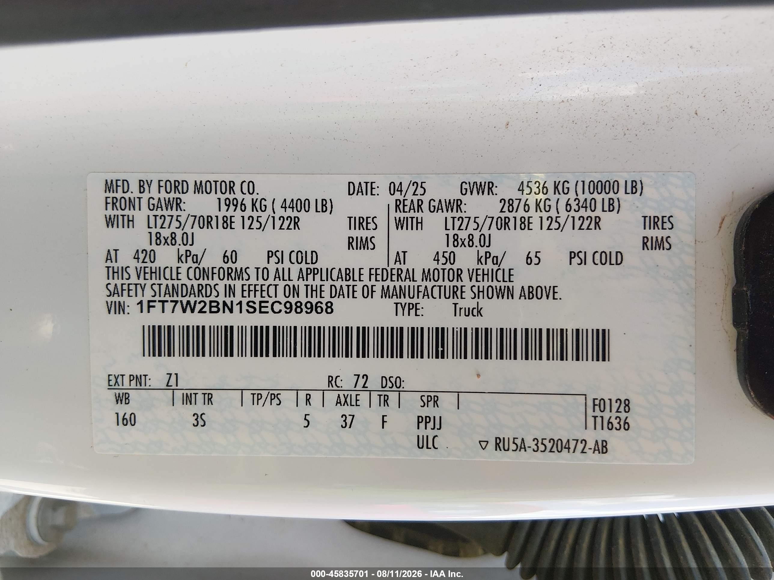 2025 Ford F-250 Xlt White vin: 1FT7W2BN1SEC98968