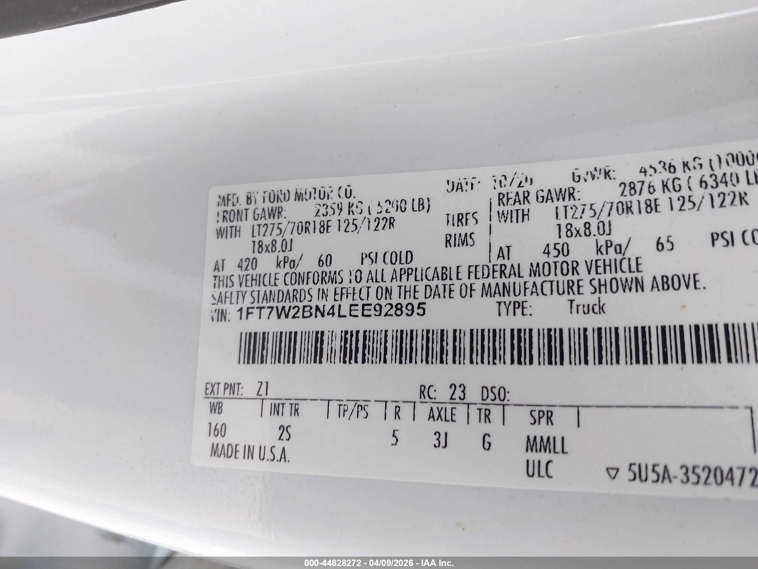 2020 Ford F-250 Xlt White vin: 1FT7W2BN4LEE92895