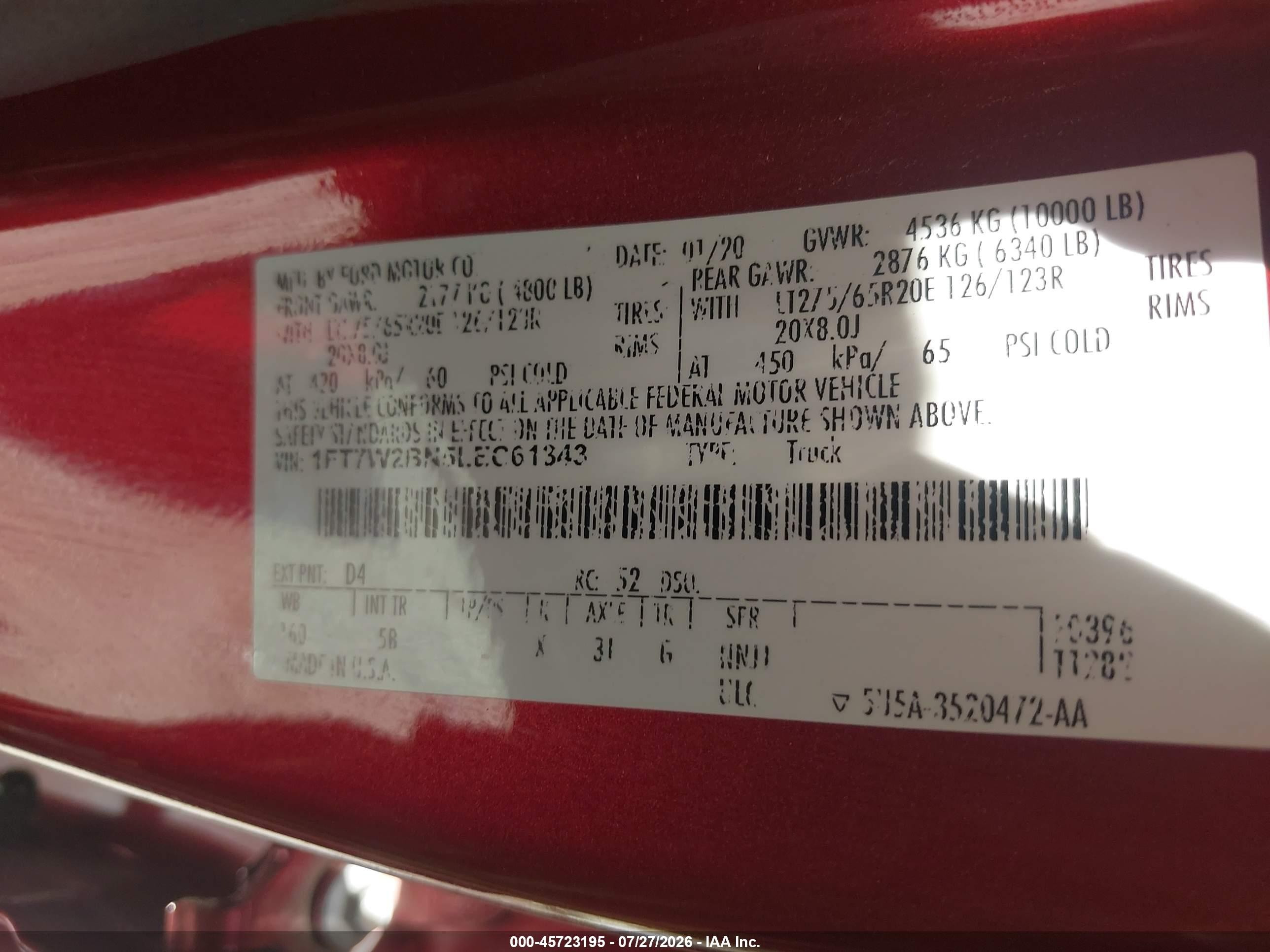 2020 Ford F-250 King Ranch/lariat/platinum/xl/xlt Red vin: 1FT7W2BN5LEC61343