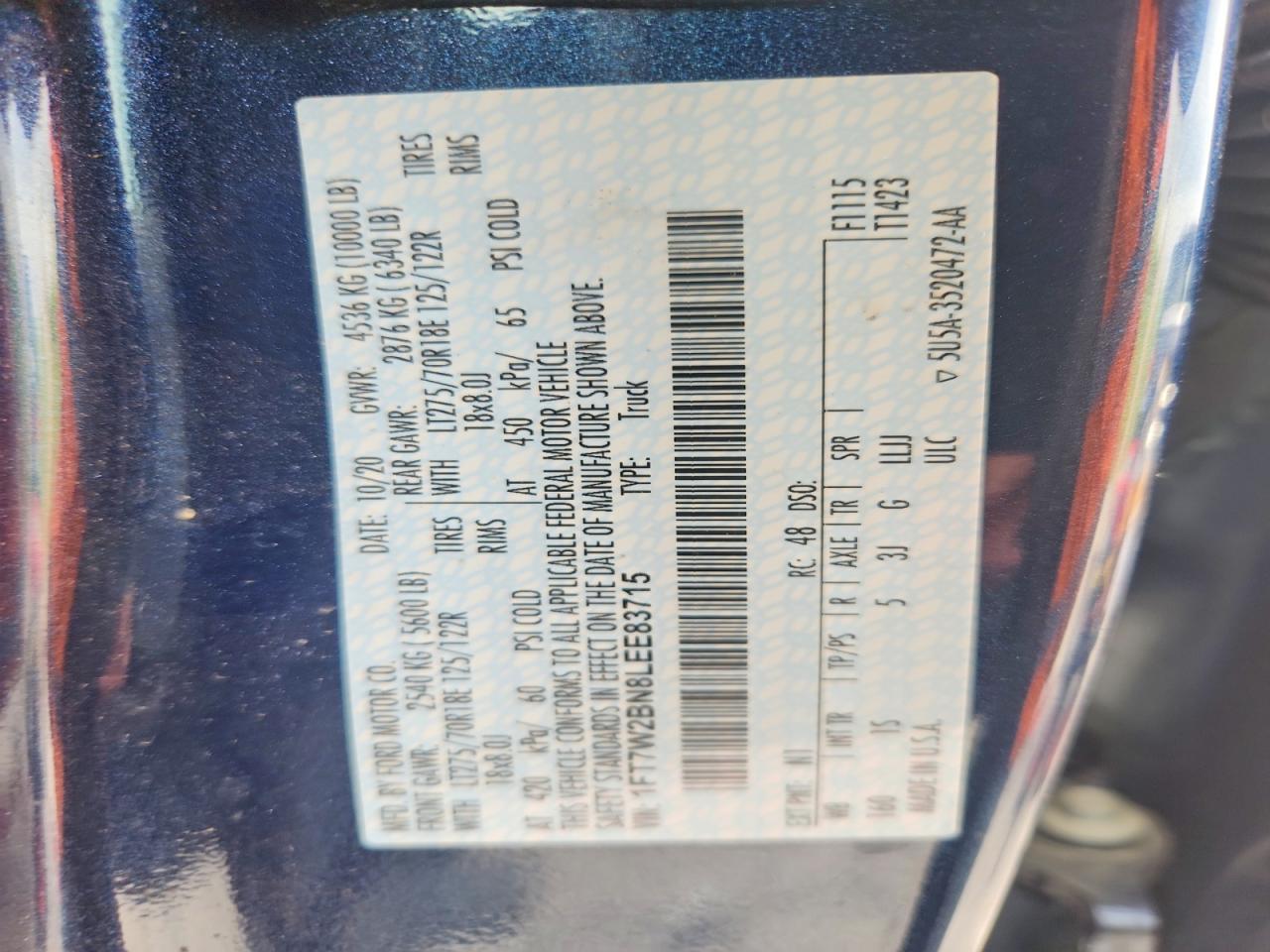 2020 Ford F250 Super Duty Blue vin: 1FT7W2BN8LEE83715