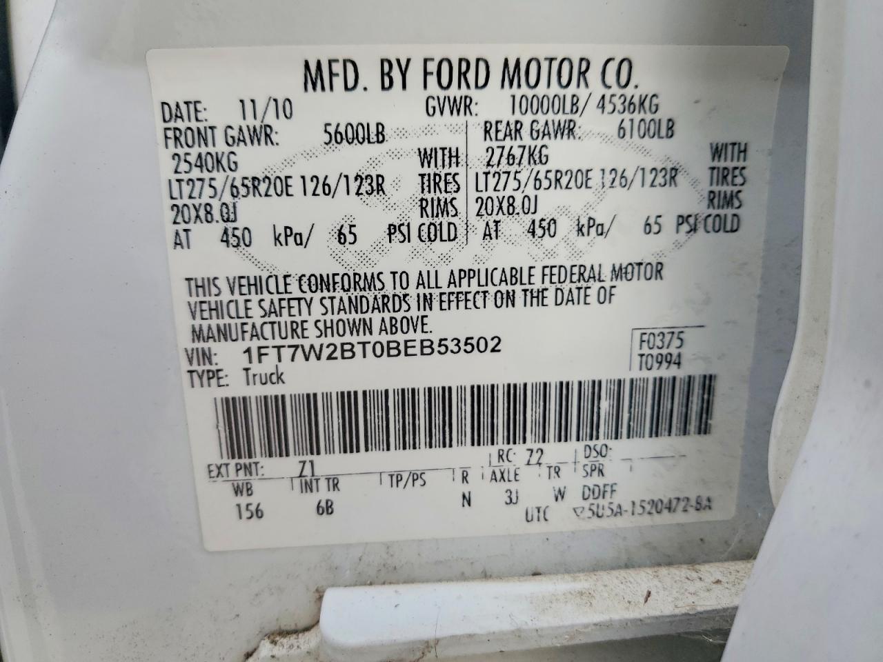 2011 Ford F250 Super Duty White vin: 1FT7W2BT0BEB53502