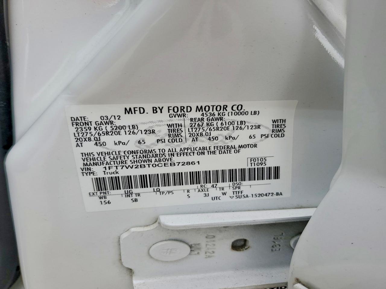 2012 Ford F250 Pu White vin: 1FT7W2BT0CEB72861