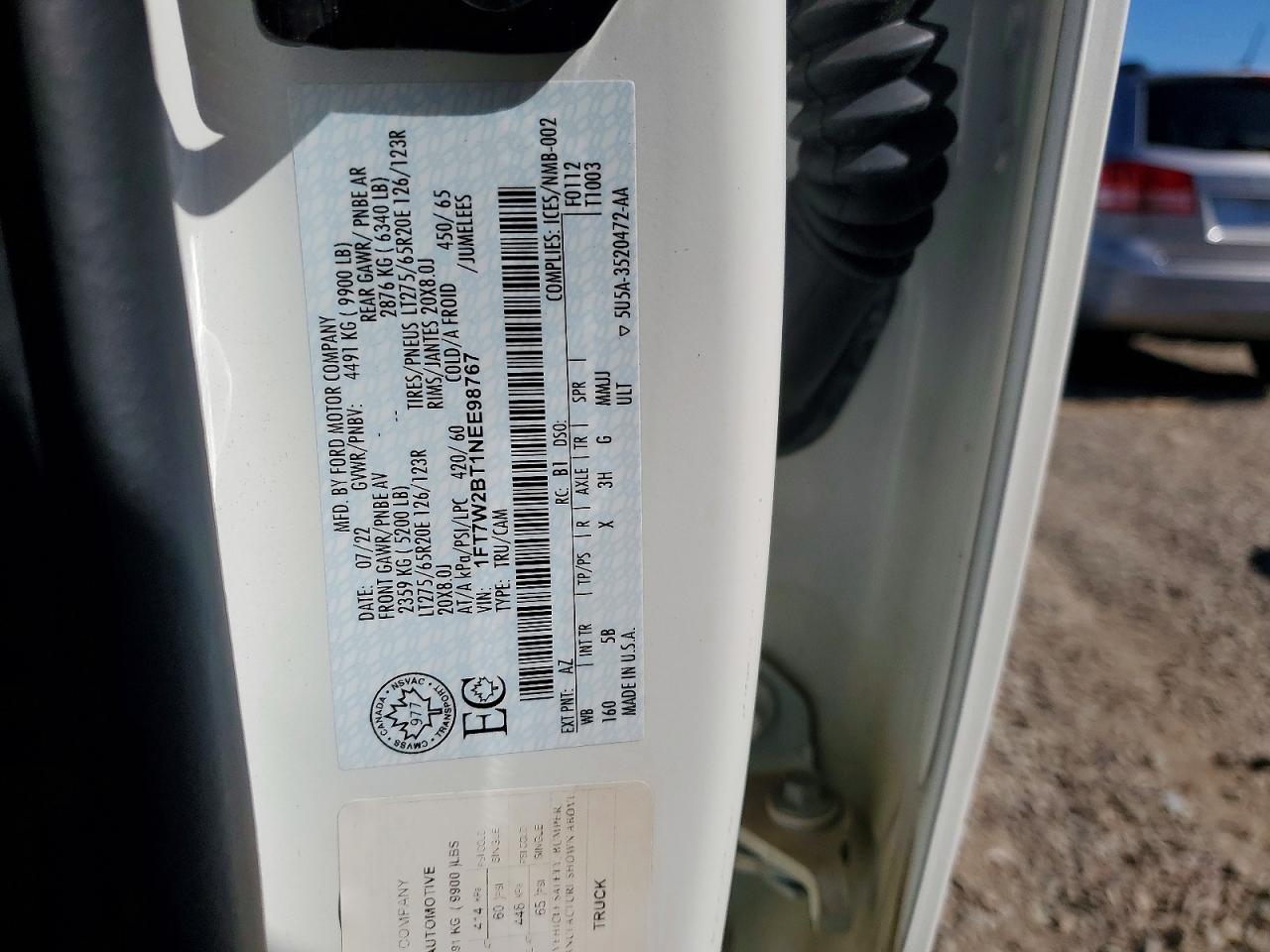 2022 Ford F250 Super Duty White vin: 1FT7W2BT1NEE98767