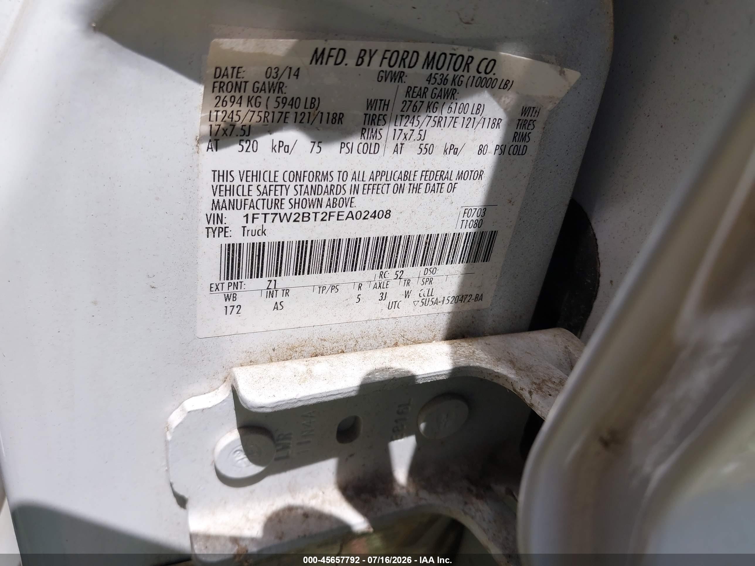 2015 Ford F-250 Xl White vin: 1FT7W2BT2FEA02408