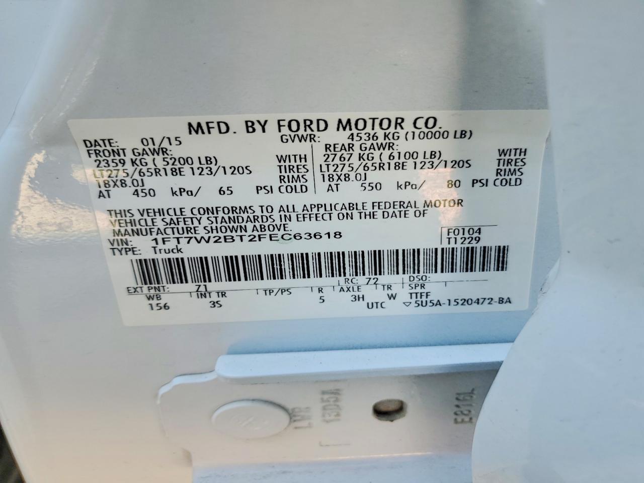 2015 Ford F250 Super Duty White vin: 1FT7W2BT2FEC63618