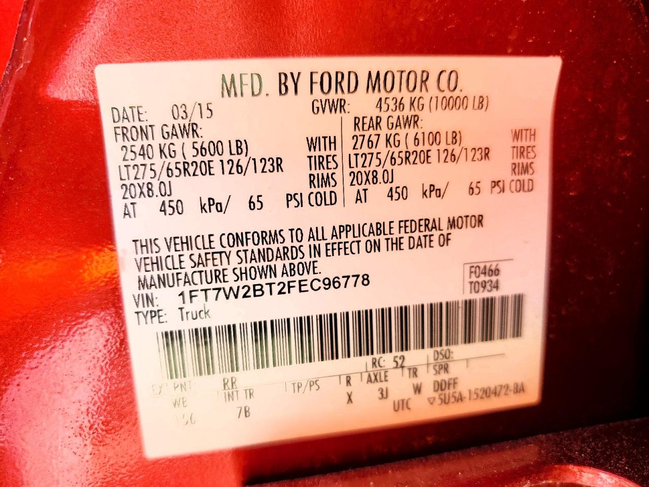 2015 Ford F250 Super Duty Red vin: 1FT7W2BT2FEC96778