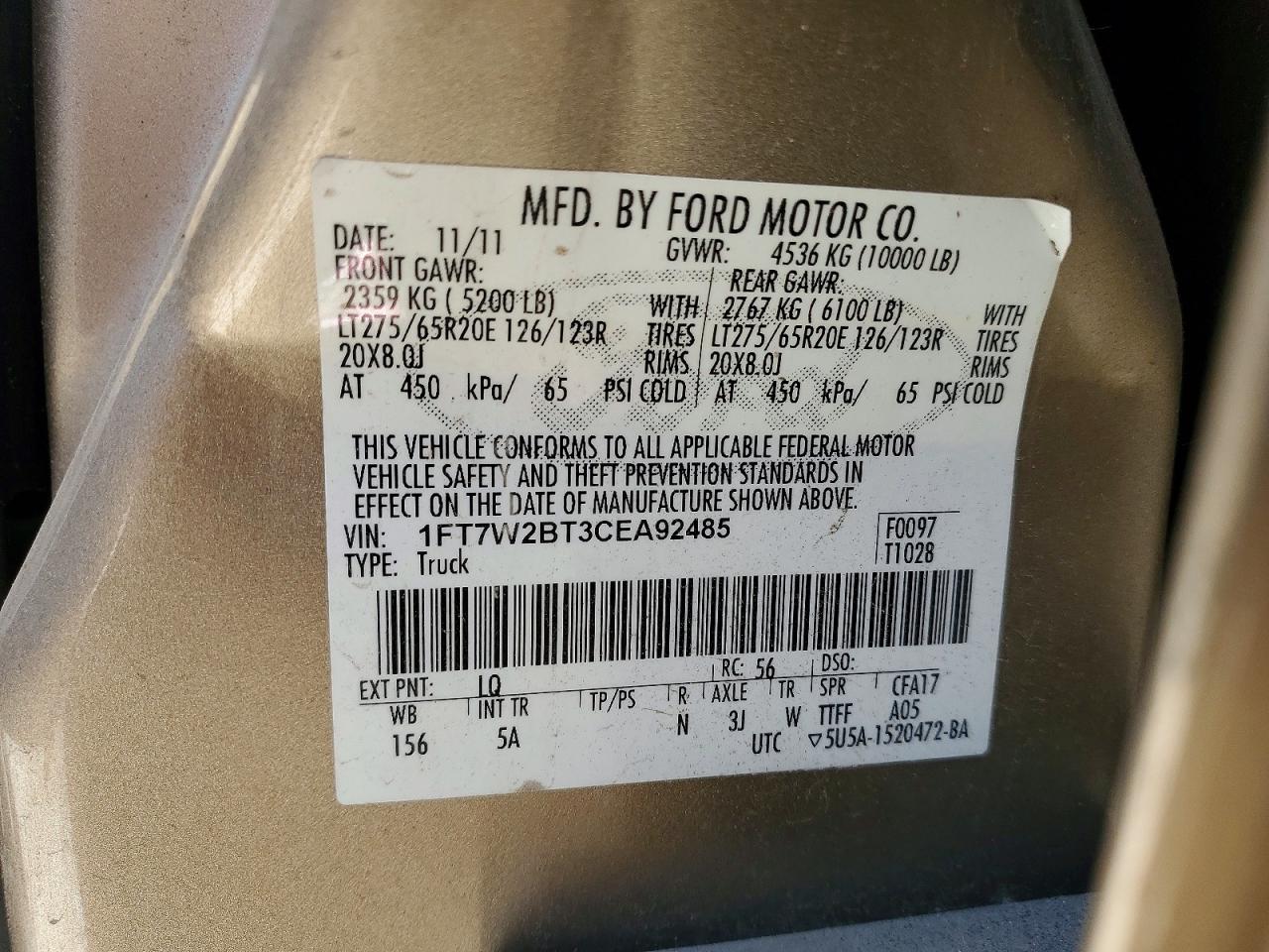 2012 Ford F250 Tan vin: 1FT7W2BT3CEA92485