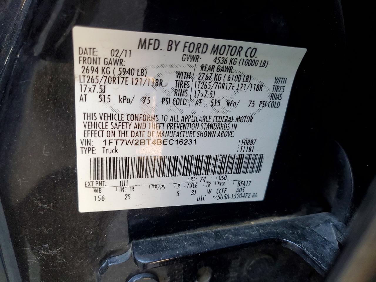 2011 Ford F250 Super Duty Black vin: 1FT7W2BT4BEC16231