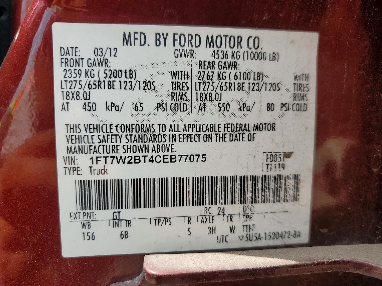 2012 Ford F250 Super Duty Burgundy vin: 1FT7W2BT4CEB77075